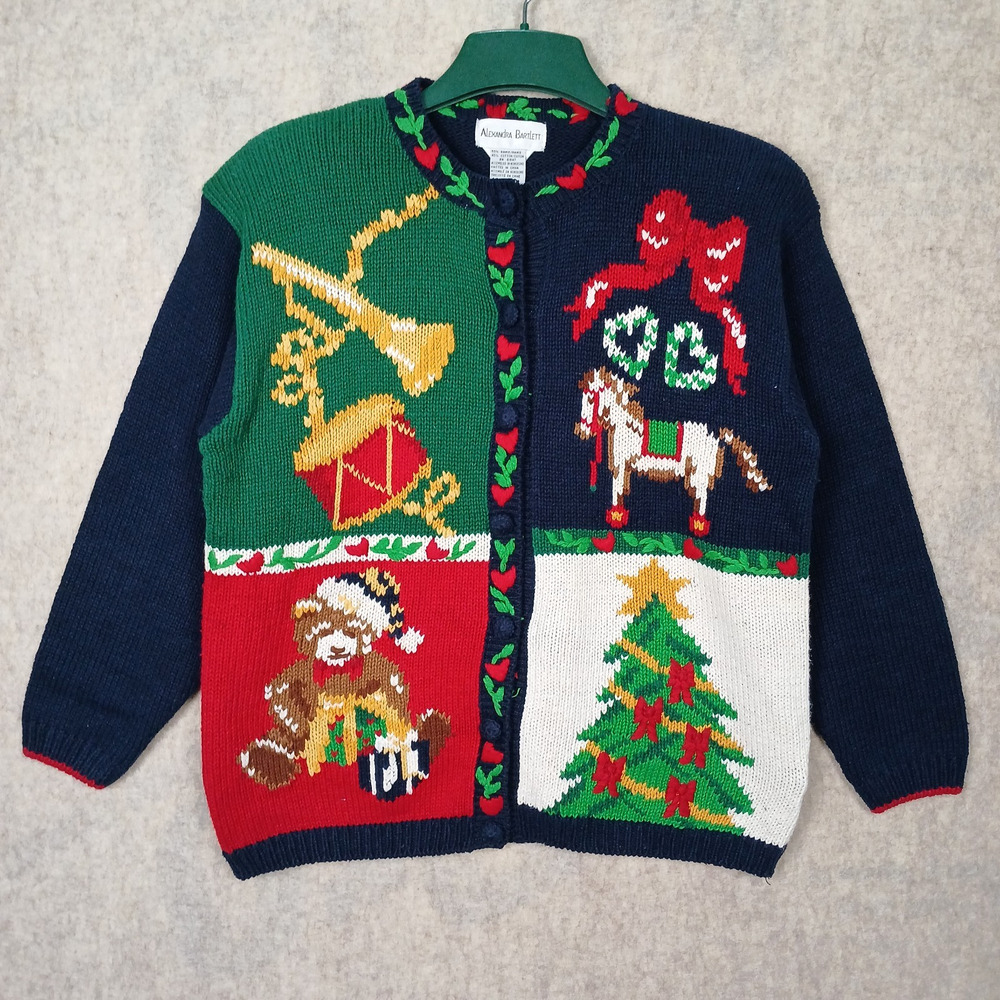 VTG Alexandra Bartlett Hand Crafted Knit Cardigan Sweater Size XL Holiday Bear